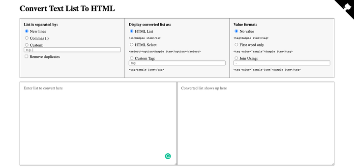 A list to HTML tag converter
